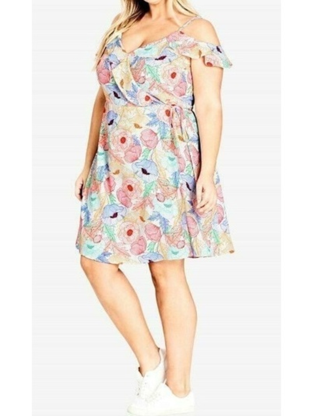 City Chic Etched Poppy True Wrap Floral Dress XXL 24 Off Shoulder Ruffle